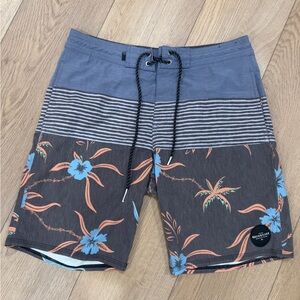 Quiksilver Gray and Blue Striped OrangeFloral Board Shorts Size 29 Men’s
